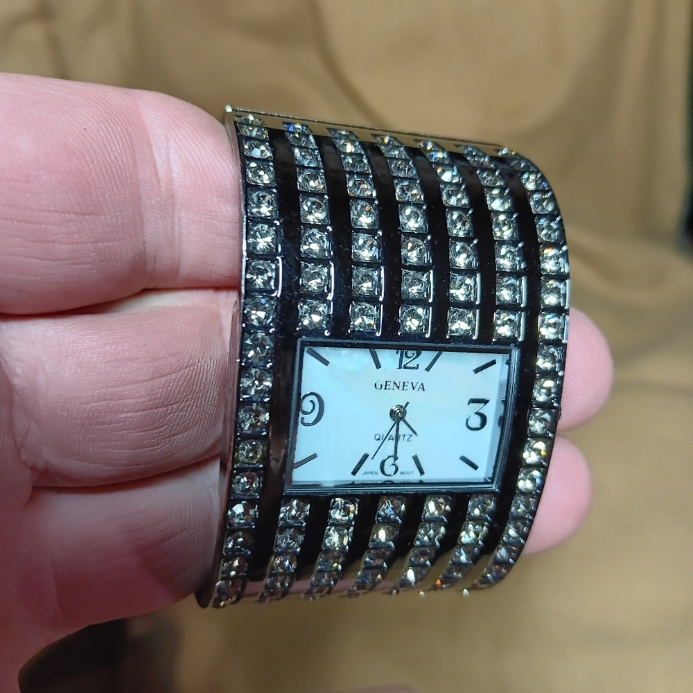 Geneva Black and Silver Crystal-Studded Watch